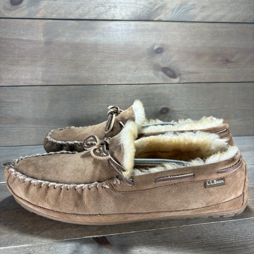 ll bean wicked good mens size 13 wide shoes brown suede shearling lined slippers